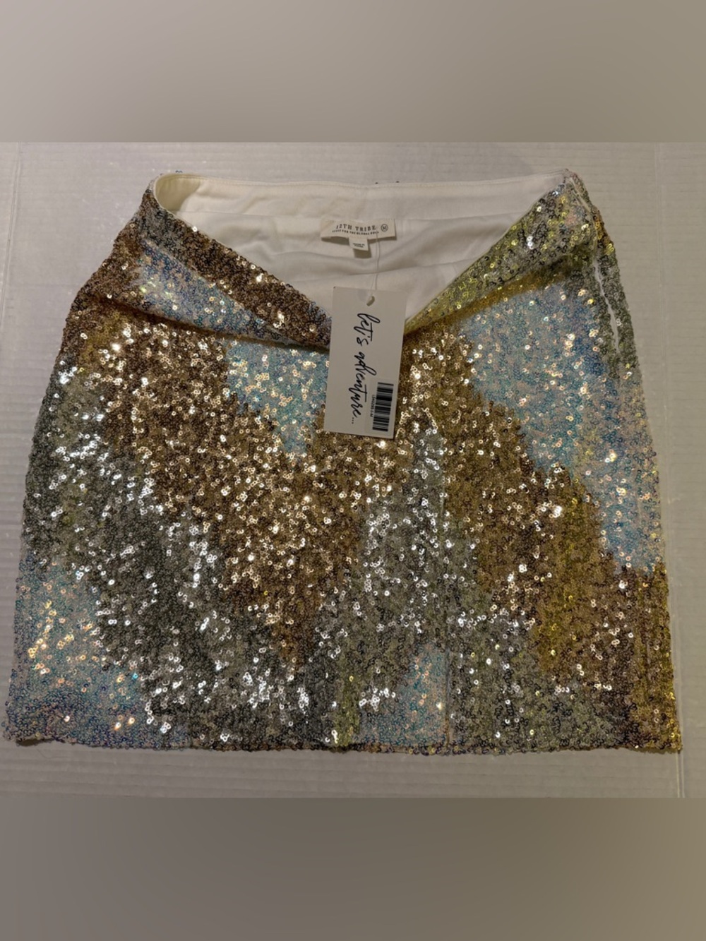 Genevieve Ivory Multi Sequin Global Lined Side Slit Mini Skirt medium - Picture 4 of 12